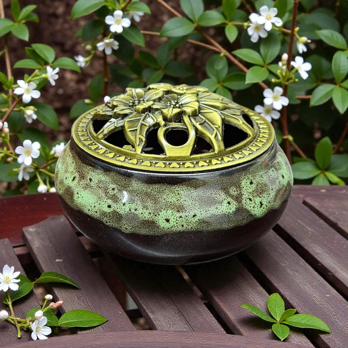 Forest Color Ceramic Incense Burner Bowl with Floral Lid – 3.75” Charcoal Incense Holder with Fireproof Felt Pad