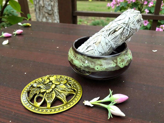 Forest Color Ceramic Incense Burner Bowl with Floral Lid – 3.75” Charcoal Incense Holder with Fireproof Felt Pad
