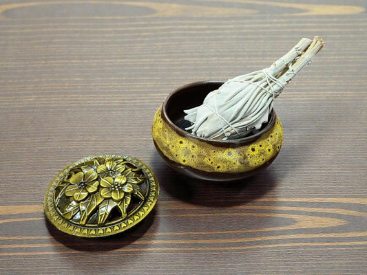 Sun Color Ceramic Incense Burner Bowl with Floral Lid – 3.75” Charcoal Incense Holder with Fireproof Felt Pad