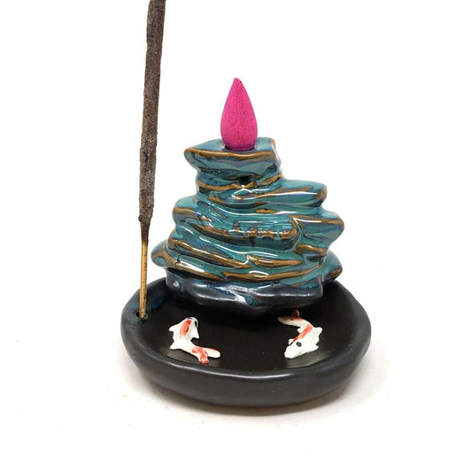 Waterfall Koi Design #4 Backflow Cone Incense Burner 3.75"W x 3"H