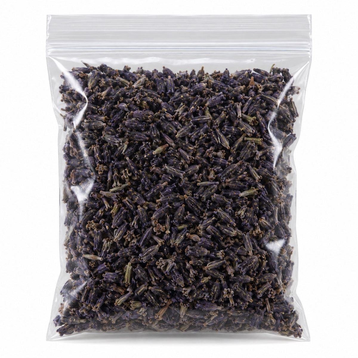 Black lavender dried flower buds in a clear resealable bag on a white background