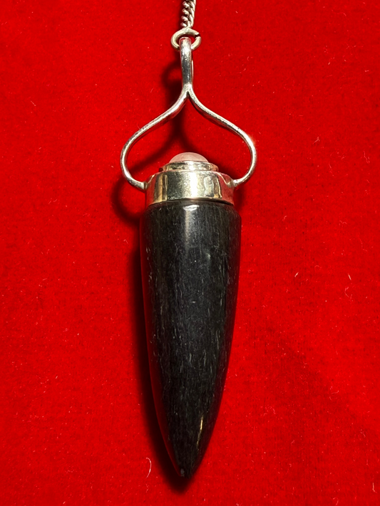 Black Tourmaline Moonstone Sterling Silver Pendulum – protective divination tool combining grounding black tourmaline and mystical moonstone crystals.
