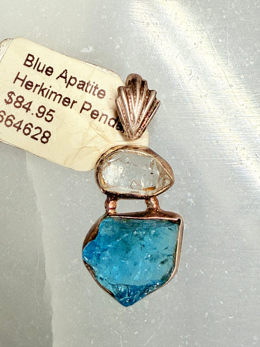 Blue Apatite Herkimer Sterling Silver Pendant – vibrant crystal jewelry for focus, creativity, and spiritual clarity.
