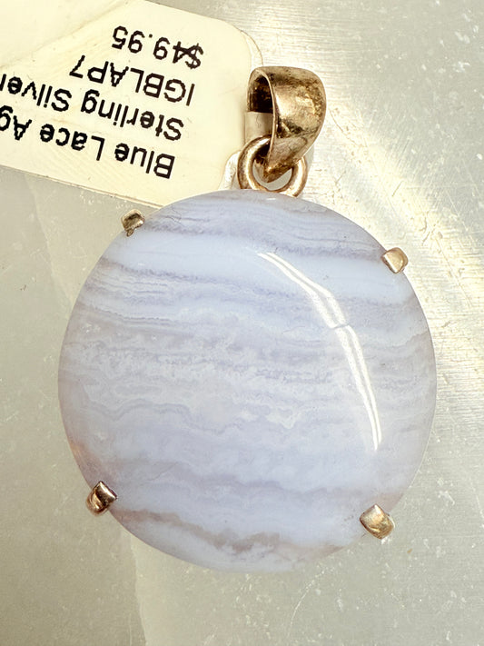 Blue Lace Agate Sterling Silver Pendant – soothing crystal jewelry for tranquility, communication, and inner peace.