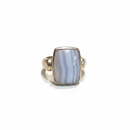 Blue Lace Agate Sterling Silver Ring size 8 – delicate blue crystal jewelry known for calming energy and clear communication.
