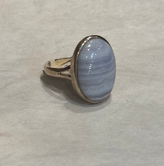 Blue Lace Agate Sterling Silver Ring size 9 – delicate blue crystal jewelry known for calming energy and clear communication.
