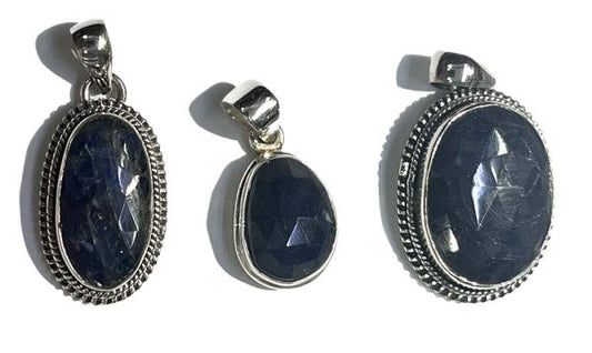 Blue Sapphire Faceted Free Form Sterling Silver Pendant