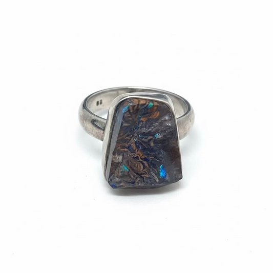 Boulder Opal Sterling Silver Ring size 6 – unique silver jewelry featuring vibrant boulder opal crystal symbolizing creativity and emotional depth.
