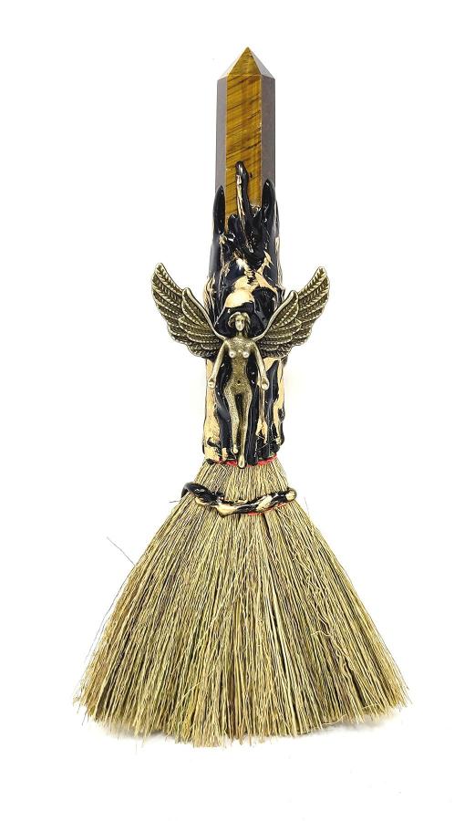Tiger Eye Crystal Point Angel Altar Broom 7-8"