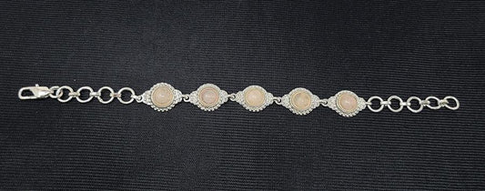 Rose Quartz 5 Stone Round Cab Plated Brass Link Bracelet 8"