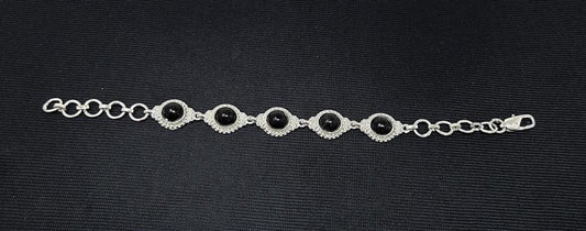 Black Obsidian 5 Stone Round Cab Plated Brass Link Bracelet 8"