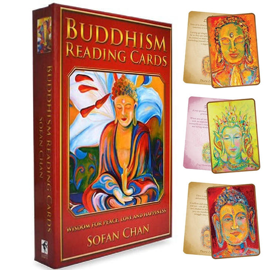 Buddhism Reading Cards by Sofan Chan – A 36-card deck offering simple, accessible insights into core Buddhist principles, featuring vibrant artwork and a 104-page guidebook.

