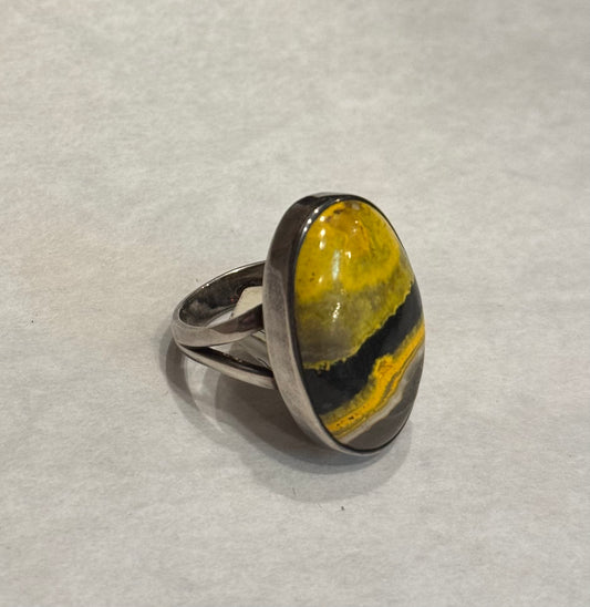 Bumblebee Jasper Sterling Silver Ring size 4 – vibrant yellow and black jasper jewelry known for energy, creativity, and protection.
