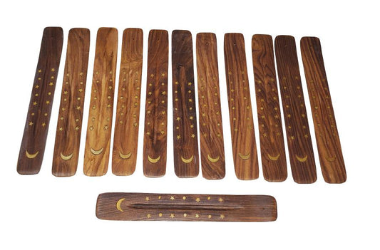 Star Moon Inlaid Boat Incense Burner Wood 10"L