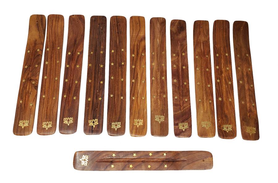 Lotus Inlaid Wood Boat Incense Burner 10"L