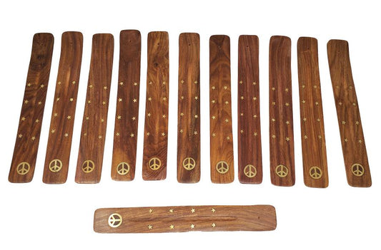 Peace Sign Inlaid Boat Incense Burner Wood 10"L