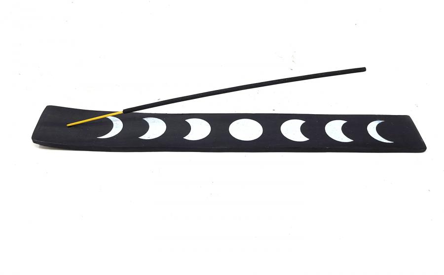 Moon Phase Black Wood Boat Ash Catcher Incense Burner 10"L
