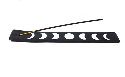 Moon Phase Black Wood Boat Ash Catcher Incense Burner 10"L