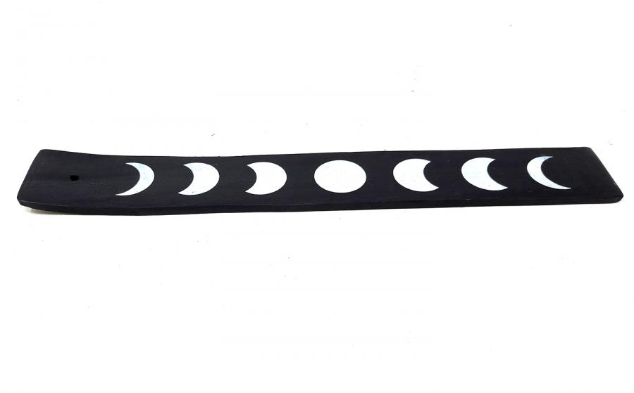 Moon Phase Black Wood Boat Ash Catcher Incense Burner 10"L