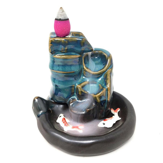 Waterfall Koi Design #1 Backflow Cone Incense Burner 4"W x 3.5"H