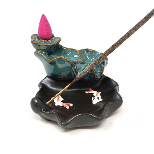 Lotus Waterfall Koi Design #2 Backflow Cone Incense Burner 4"W x 3"H