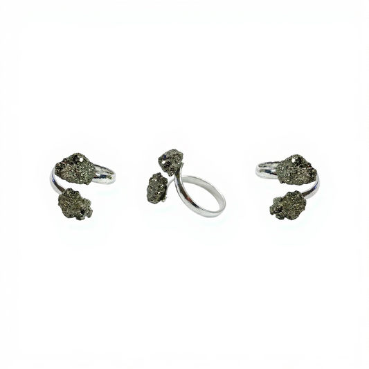 Pyrite Natural 2 Stone Silver Plated Adjustable Ring
