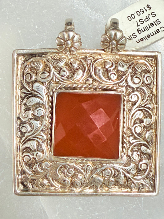 Carnelian Square Sterling Silver Pendant – energizing crystal jewelry for confidence, motivation, and creativity.