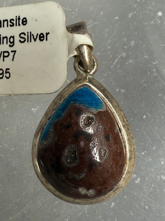 Cavansite Drop Polished Sterling Silver Pendant – vibrant blue crystal jewelry known for spiritual insight and healing energy.
