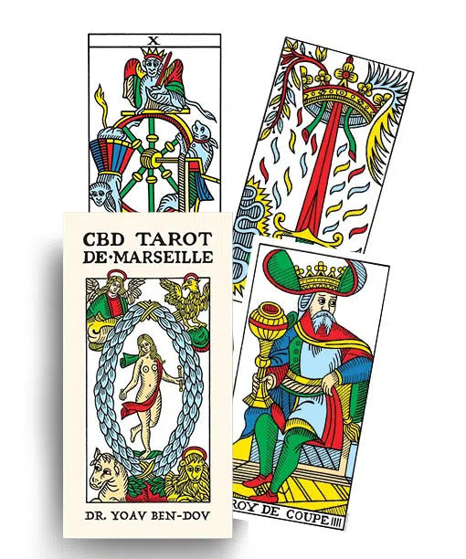 CBD Tarot de Marseille by Dr. Yoav Ben-Dov – 79-card deck featuring a faithful reproduction of the 1760 Nicholas Conver Marseille deck, restored and adapted by Yoav Ben-Dov in 2010, published by U.S. Games Systems.
