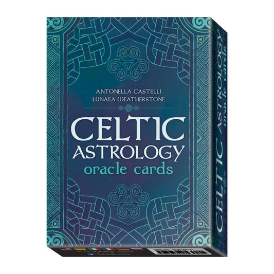 Celtic Astrology Oracle by Antonella Castelli & Lunaea Weatherstone – A 26-card deck with Celtic knotwork borders, animal spirit imagery, and a companion booklet exploring plant, animal, and seasonal wisdom.
