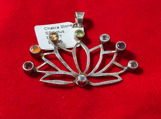 Chakra Stones Lotus Sterling Silver Pendant – lotus design featuring chakra stones set in sterling silver, perfect for spiritual and balanced jewelry.
