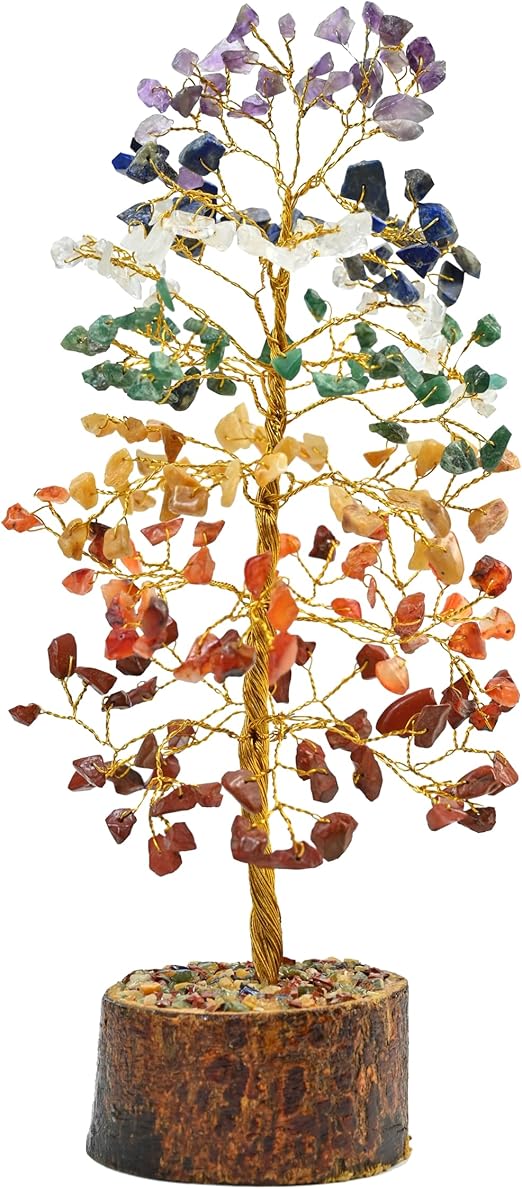 9" Crystal Gem Tree 100 Chakra Chips Stone On Wood Base