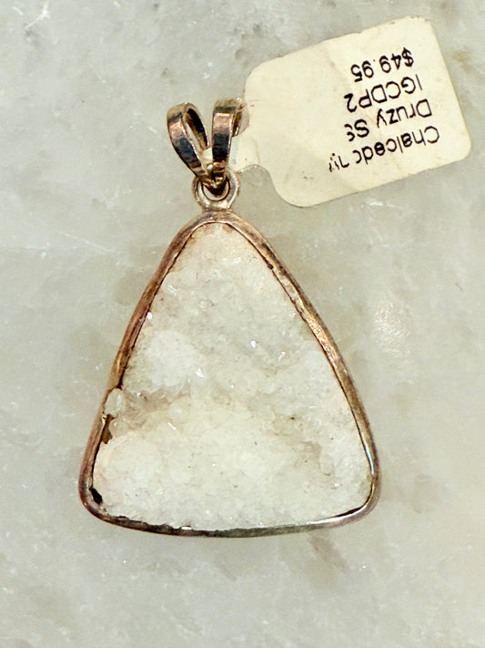 Chalcedony Druzy Sterling Silver Pendant – elegant crystal jewelry featuring sparkling druzy chalcedony stone symbolizing calm and spiritual growth.
