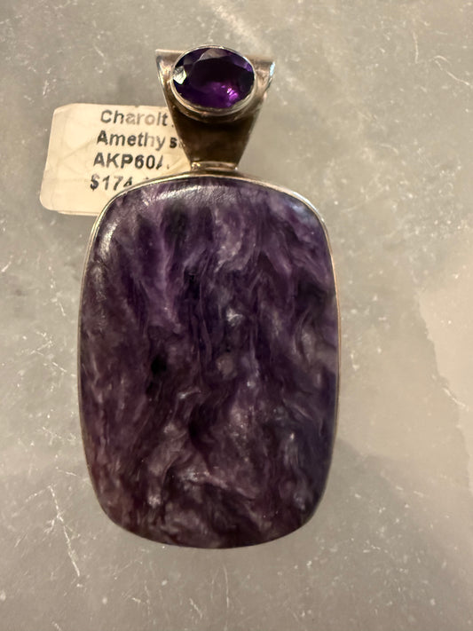 Charoite Amethyst Rectangular Sterling Silver Pendant – striking blend of purple crystals promoting spiritual growth and healing.