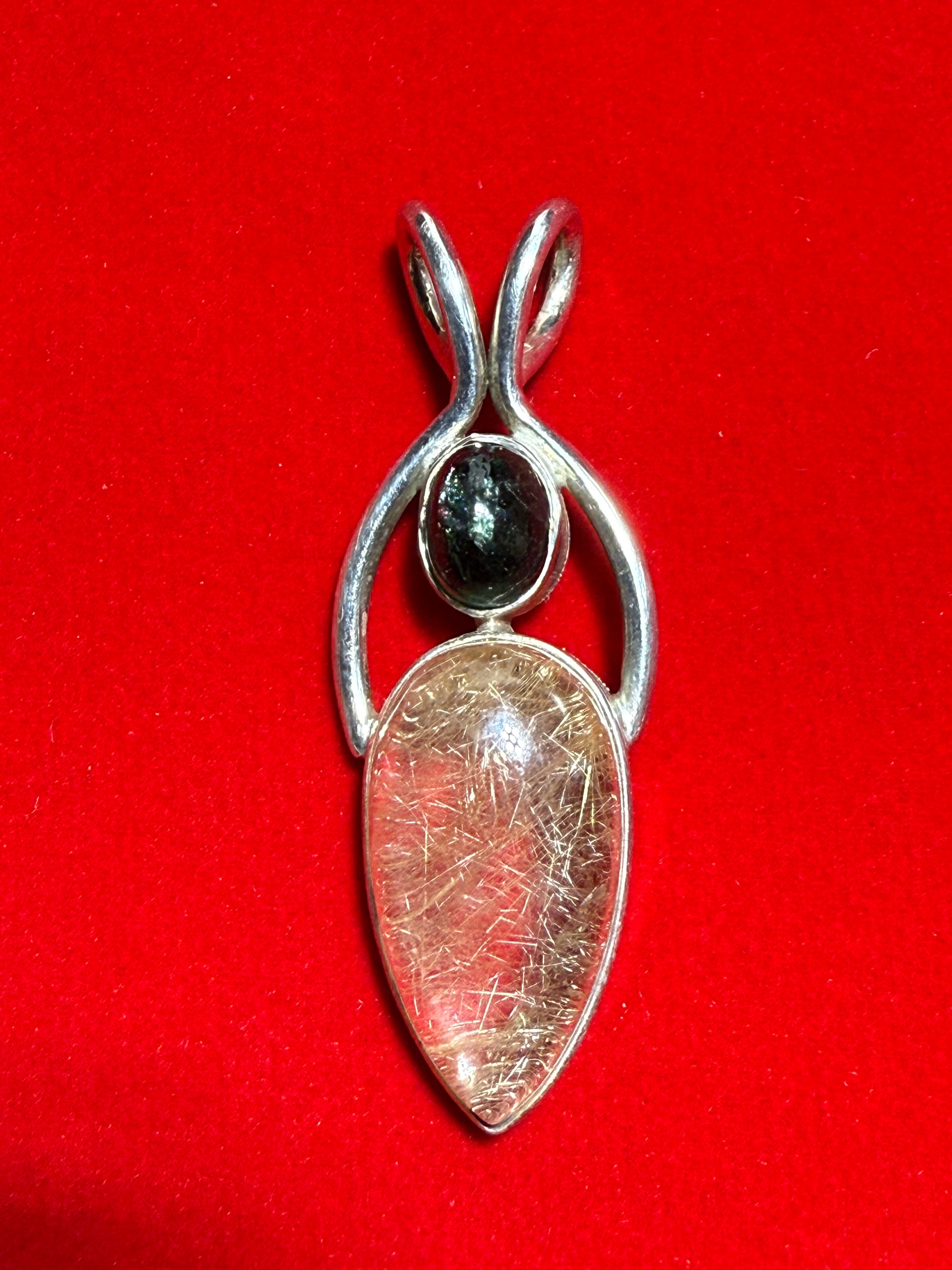 Chrome Diopside Rutilated Quartz Sterling Silver Pendant – unique silver jewelry combining vibrant chrome diopside and rutilated quartz for balance and clarity.
