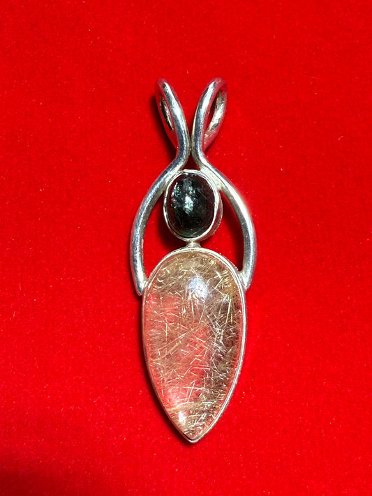 Chrome Diopside Rutilated Quartz Sterling Silver Pendant – unique silver jewelry combining vibrant chrome diopside and rutilated quartz for balance and clarity.
