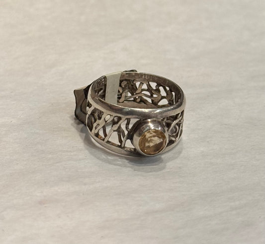 Citrine Sterling Silver Hand Carved Ring size 7 – radiant yellow crystal jewelry with intricate hand-carved silver design symbolizing abundance and joy.
