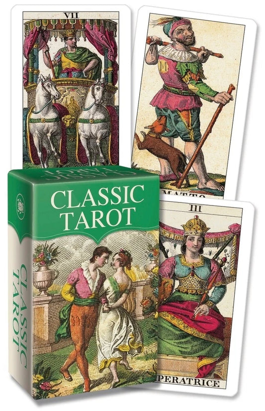 Classic Tarot Mini by Carlo Della Rocca – a 78-card deck featuring intricate 19th-century engravings, printed on premium black-core cardstock for portability.

