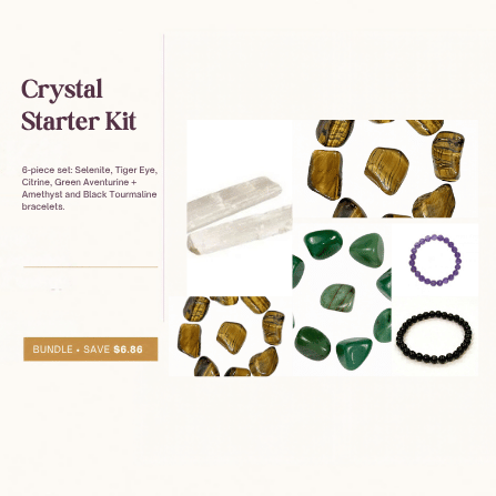Crystal Starter Kit with Selenite, Tiger Eye, Citrine, Green Aventurine, Amethyst bracelet and Black Tourmaline bracelet