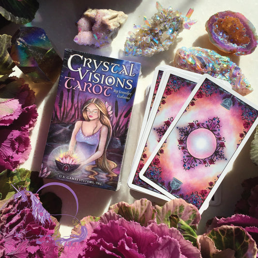 Crystal Visions Tarot by Jennifer Galasso – a 79-card fantasy deck with vibrant, ethereal artwork inspired by Rider-Waite tradition.
