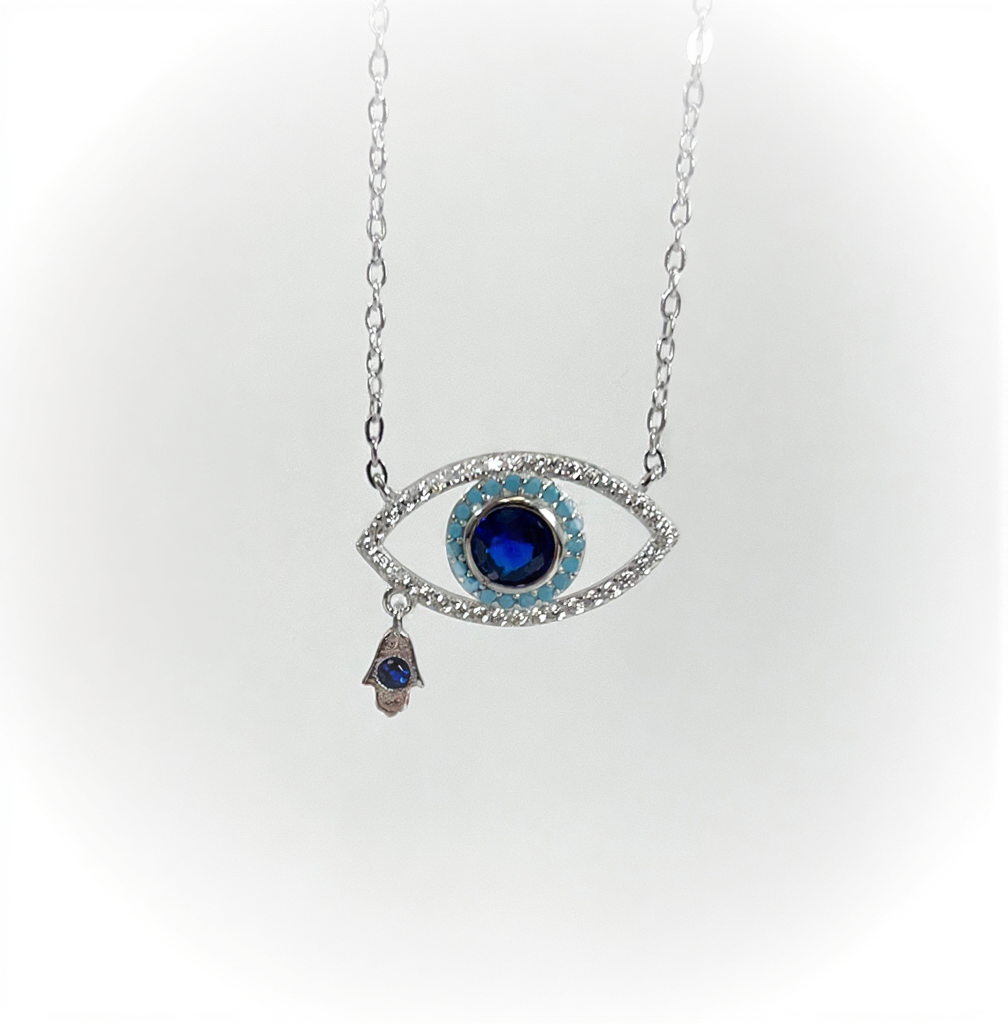 Evil Eye with Hamsa Hand CZ Stones .925 Sterling Silver Necklace 18"