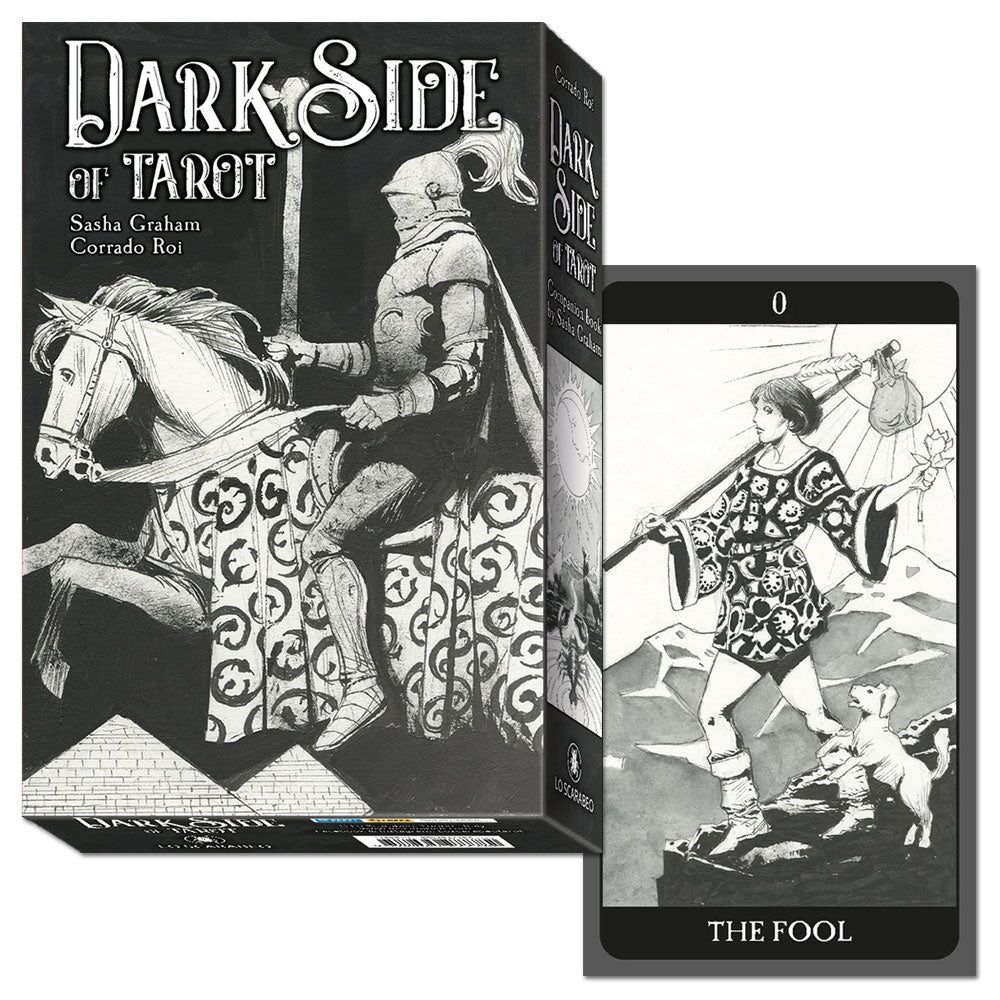 Dark Side of Tarot by Sasha Graham & Corrado Roi – 78-card deck with guidebook featuring monochrome illustrations for shadow work and introspective readings.
