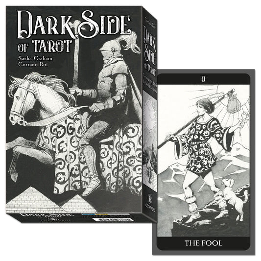 Dark Side of Tarot by Sasha Graham & Corrado Roi – 78-card deck with guidebook featuring monochrome illustrations for shadow work and introspective readings.
