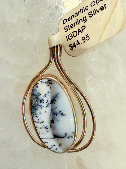 Dendritic Opal Cabochon Sterling Silver Pendant with 3 Wire – unique silver jewelry featuring dendritic opal and artistic wire design symbolizing growth and creativity.
