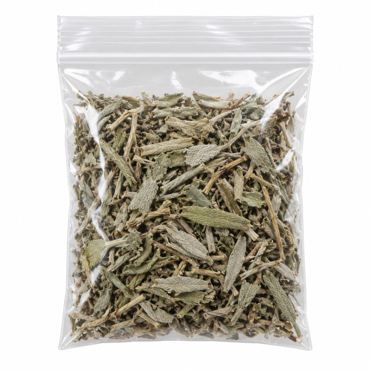 Desert sage loose herb, dried sage leaves and stems in a clear resealable plastic bag on white background