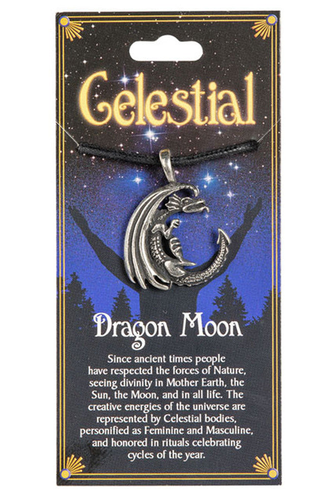 Dragon Moon Celestial carded pewter pendant, dragon curled into a crescent moon, displayed on original starry packaging with black cord