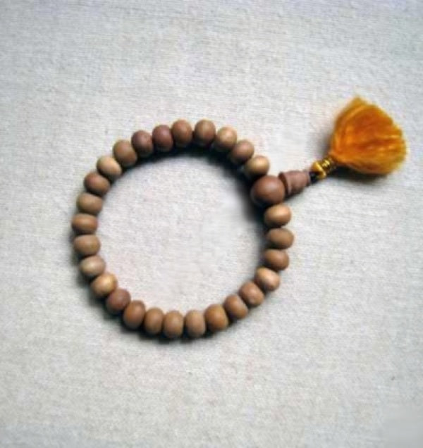 Sandalwood Wrist Mala 7mm 27 Bead Bracelet - Yellow Tassel