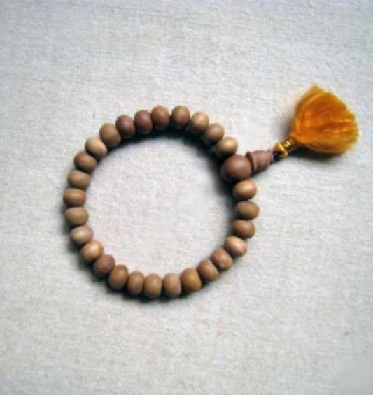 Sandalwood Wrist Mala 7mm 27 Bead Bracelet - Yellow Tassel