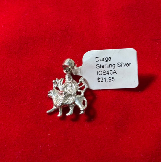 Durga Sterling Silver Pendant – detailed depiction of Goddess Durga crafted in sterling silver, perfect for spiritual and elegant jewelry.
