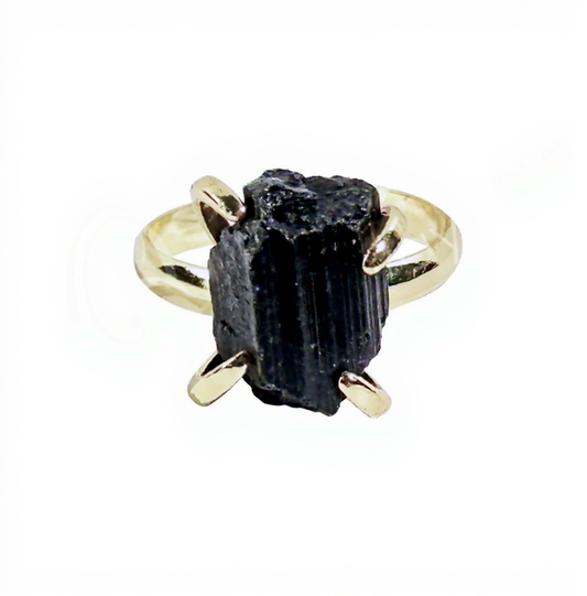 Black Tourmaline Raw Gold Plated Brass Adjustable Ring